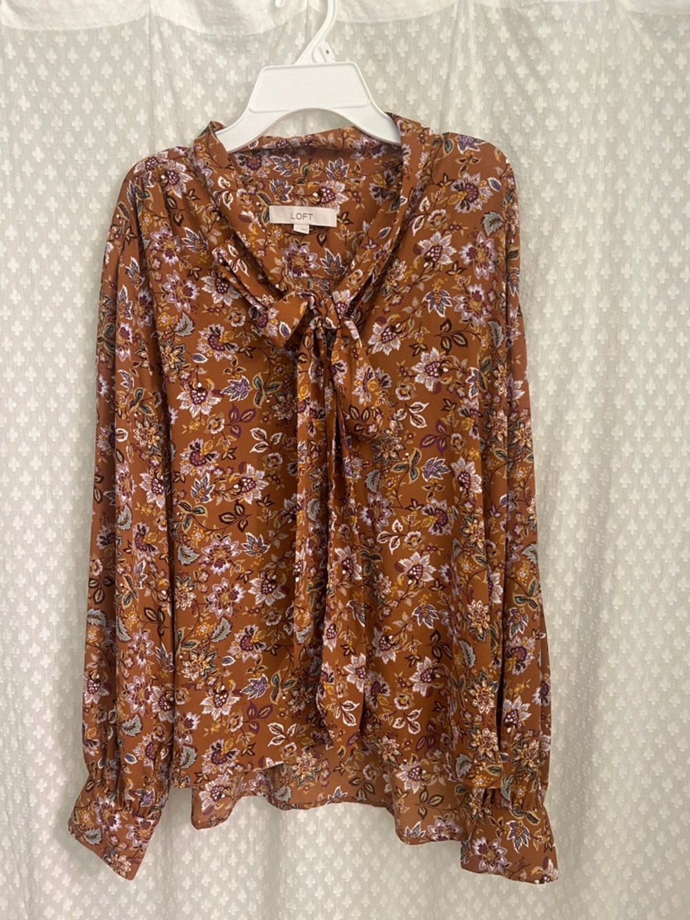LOFT Rust Floral Tie-Neck Blouse with Long Sleeves - Picture 1 of 2